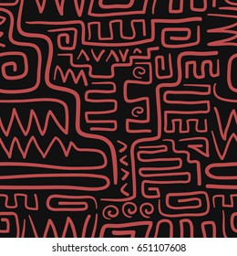 abstract red doodle line style seamless pattern on black