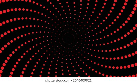 Abstract red dot spiral pattern forming a vortex on a black background. Ideal for backgrounds, optical illusion designs, or science fiction themes.