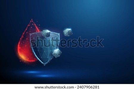 Abstract red drop of blood, blue shield and white cubes of sugar. Diabetes type 1, 2 control and treatment concept. Low poly style. Modern 3d geometric background Wireframe connection structure Vector