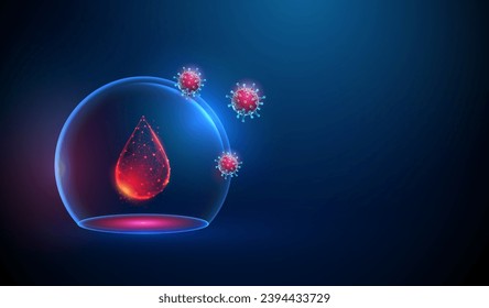 Abstract red drop of blood in transparent glass cupola with attacking viruses. Low poly style. Virus protection concept. Blue geometric background. Wireframe light structure. Modern 3d graphic. Vector
