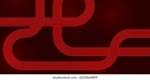 Abstract red dynamic curved pattern geometric lines glowing on dark red background. Modern shiny red dynamic diagonal lines graphic design.