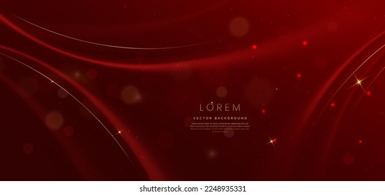 Abstract red elegant background with gold curved lines and ligthing effect and bokeh. Luxury design style. Vector illustration