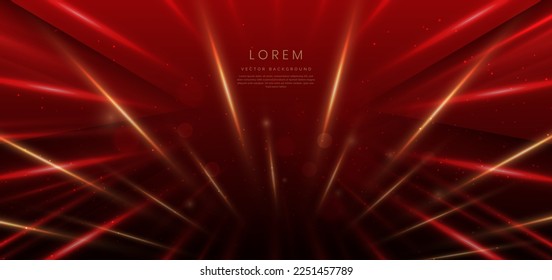 Abstract red elegant background with gold lighting effect sparkle and bokeh with copy space for text. Luxury design style. Vector illustration