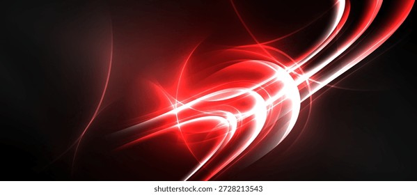 Fluye energía roja Abstractas, líneas brillantes contra fondo oscuro. La composición dinámica crea impacto visual, estética moderna.