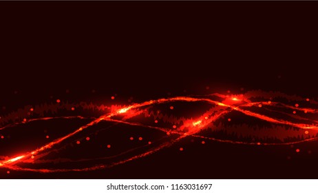 Abstract red energy glowing bright fire colored mottled neon burning magical beautiful figure pattern from the bands of waves of lines of bends of the shining cosmic background. Vector illustration.