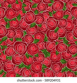 Abstract red english roses and green leaves seamless pattern.