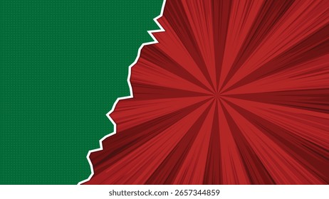 Fundo de explosão vermelha abstrata com borda de papel rasgado verde