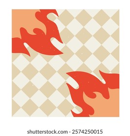 Abstract red flames on a beige and white checkered pattern background. Creative art with bold shapes and vibrant colors, symbolizing fiery energy. Vector illustration