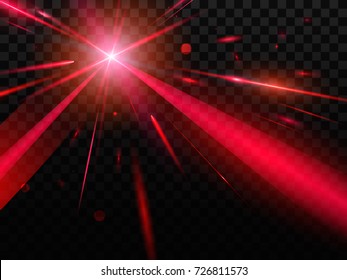 Abstract red flash and laser beams. Isolated on a transparent black background. Vector illustration
