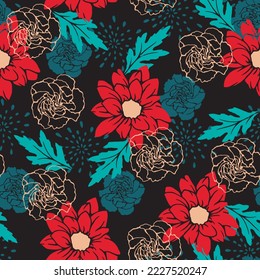 Abstract Red Floral Blossom Garden Vector Seamless Pattern can be use for background and apparel design