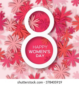 Abstract Red Floral Greeting card - International Happy Women's Day - 8 March holiday background with paper cut Frame Flowers. Happy Mother's Day. Trendy Design Template. Vector illustration.