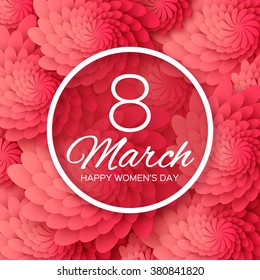 Abstract Red Floral Greeting card - International Happy Women's Day - 8 March holiday background with paper cut Frame Flowers. Happy Mother's Day. Trendy Design Template. Vector illustration.