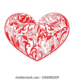 Resumen del fondo del patrón cardiaco floral rojo. Fondo de pantalla Art Déco para tarjetas de vacaciones e invitaciones. Valentina preciosa forma cardíaca con hojas de flores aisladas en fondo blanco