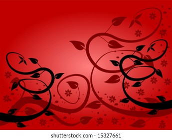 An abstract red floral vector background illustration with a series of red and black vines on a red graduated background