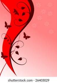 An abstract red floral vector background with leaves and fronds on a lighter  graduated background. The image has room for text