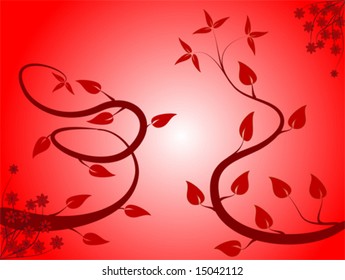 An abstract red floral vector illustration with winding leafy tendrils on a red graduated background with centre highlight