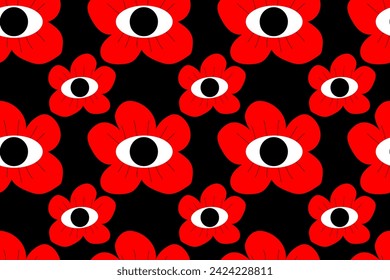 Abstract red flower with an eye in the middle. Black, red, white bright contrast colors. Seamless vector pattern for design and decoration.