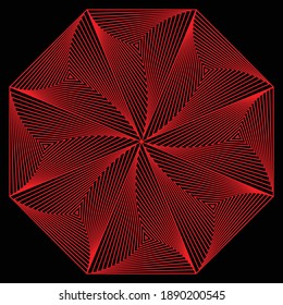 Abstract red flower pattern from spiral of triangle in octagon based with dark background.