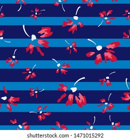 Abstract red flower seamless pattern in  blue stripes background.