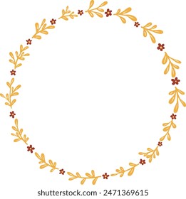 Abstract red flower and yellow plant bunch of leaves wreath illustration for decoration on vintage style, garden and nature concept.