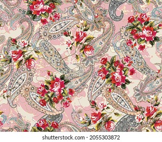 abstract red flowers arrangement all over design with paisley background for textile printing factory