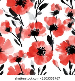 Abstract red flowers blooming design. Pattern watercolor floral seamless. Grunge textured abstract art vector with flower and plants in watercolor style.