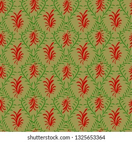 abstract red flowers with green leaf ornaments on a light brown color