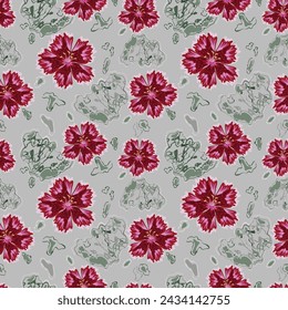 Abstract red flowers on gray background seamless pattern for fabric textile wallpaper.