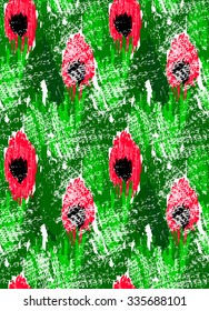 Abstract red flowers on green with grunge.Hand drawn with paint brush seamless background.Modern hipster style design.