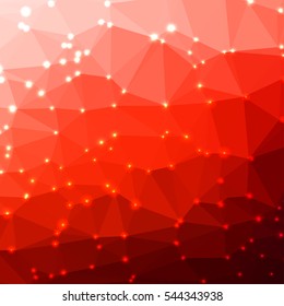 Abstract red geometric background consisting of colored triangles with lights in corners. Low poly square format pattern.