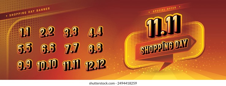 Abstract Red Geometric Dots labels, Shopping Day Sale Banner Template Design, Shopping Day Sale Promotion of every month, Numbers 1, 2, 3, 4, 5, 6, 7, 8, 9, 10, 11, 12 Condensed Font, Special offer.