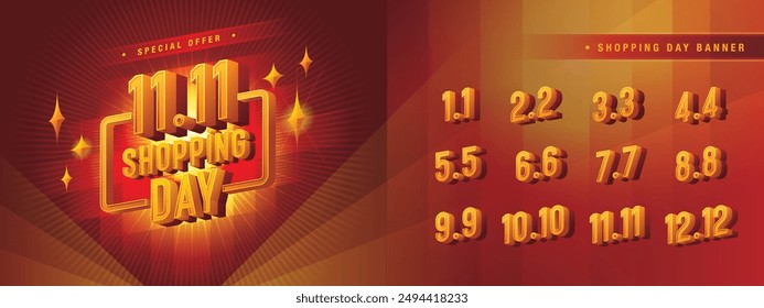 Abstract Red Geometric labels Sign, Shopping Day Sale Banner Template Design, Shopping Day Sale Promotion of every month, Numbers 1, 2, 3, 4, 5, 6, 7, 8, 9, 10, 11, 12 Condensed Font, Special offer.