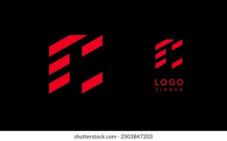 Abstract red geometric letter Cwith parallel lines. Stripes modern logotype concept, futuristic design for an innovative company, minimalist sporty and technological power style. Vector illustration