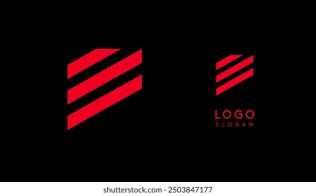 Abstract red geometric letter E with parallel lines. Stripes modern logotype concept, futuristic design for an innovative company, minimalist sporty and technological power style. Vector illustration