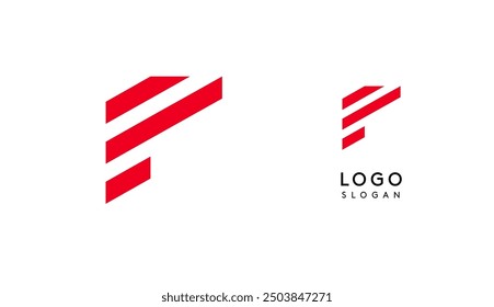 Abstract red geometric letter F with parallel lines. Stripes modern logotype concept, futuristic design for an innovative company, minimalist sporty and technological power style. Vector illustration