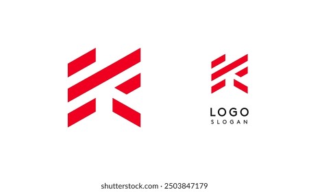 Abstract red geometric letter K with parallel lines. Stripes modern logotype concept, futuristic design for an innovative company, minimalist sporty and technological power style. Vector illustration