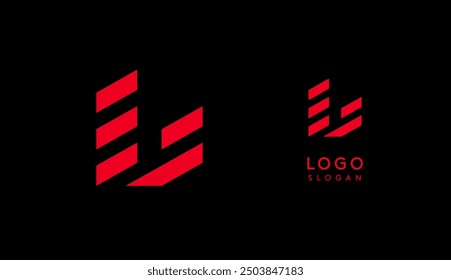 Letra geométrica roja Abstractas L con líneas paralelas. Concepto de logotipo moderno de rayas, diseño futurista para una empresa innovadora, estilo deportivo y tecnológico minimalista. Ilustración vectorial