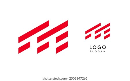 Letra geométrica roja Abstractas M con líneas paralelas. Concepto de logotipo moderno de rayas, diseño futurista para una empresa innovadora, estilo deportivo y tecnológico minimalista. Ilustración vectorial