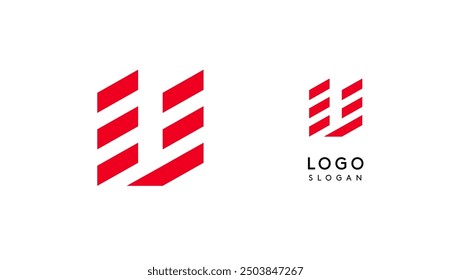 Abstract red geometric letter U with parallel lines. Stripes modern logotype concept, futuristic design for an innovative company, minimalist sporty and technological power style. Vector illustration