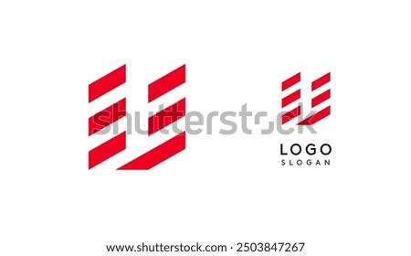 Abstract red geometric letter U with parallel lines. Stripes modern logotype concept, futuristic design for an innovative company, minimalist sporty and technological power style. Vector illustration