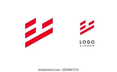Abstract red geometric letter V with parallel lines. Stripes modern logotype concept, futuristic design for an innovative company, minimalist sporty and technological power style. Vector illustration