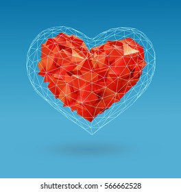 Abstract red geometric shapes combine to heart symbol in polygonal wireframe cage on blue background