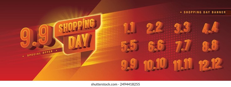 Abstract Red Geometric Speech Bubble, Shopping Day Sale Banner Template Design, Shopping Day Sale Promotion of every month, Numbers 1, 2, 3, 4, 5, 6, 7, 8, 9, 10, 11, 12 Condensed Font, Special offer.