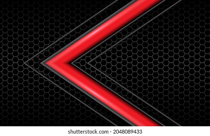 Abstract red glossy grey arrow line direction on dark hexagon mesh black design modern luxury futuristic technology vector background illustration.