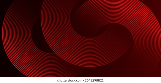 Abstract red glowing geometric circle lines on dark red background . Modern shiny rounded lines.Futuristic technology concept . High quality design. Suit for curve , banner, templates, branding.