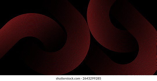 Abstract red glowing geometric diagonal rounded lines on black background . Modern shiny dynamic shapes composition lines.Futuristic technology concept .Suit for curve , banner, templates, branding.