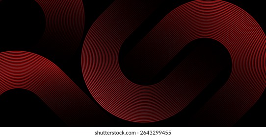 Abstract red glowing geometric diagonal rounded lines on black background . Modern shiny dynamic shapes composition lines.Futuristic technology concept .Suit for curve , banner, templates, branding.