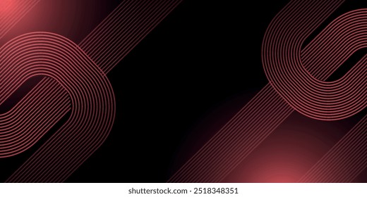 Abstract red glowing geometric lines on black background. Modern shiny red diagonal rounded lines graphic design.