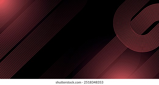 Abstract red glowing geometric lines on black background. Modern shiny red diagonal rounded lines graphic design.