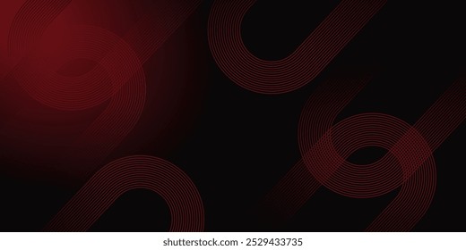 Abstract red glowing geometric lines on black background. Modern shiny red diagonal rounded lines background.